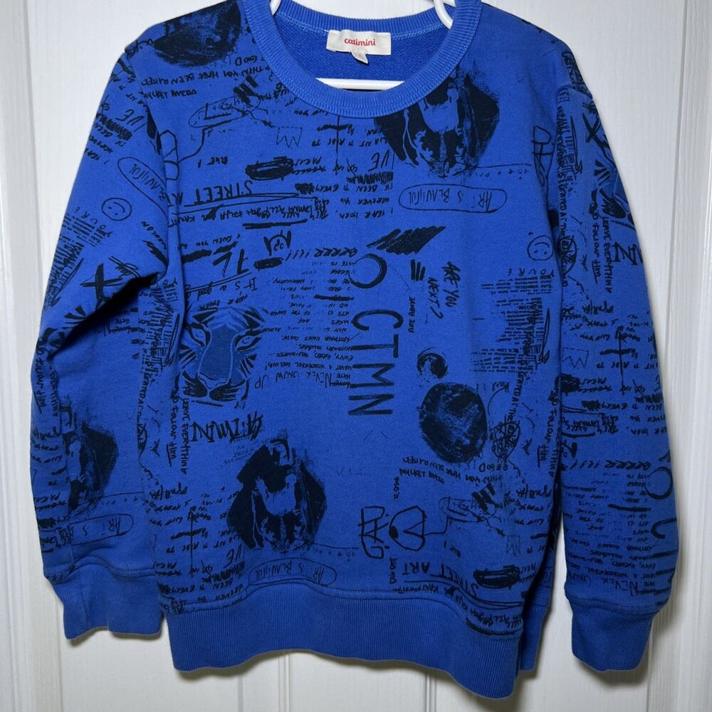 Catimini Boys Graphic Sweatshirt Size 7 Blue Black French Terry Street Art